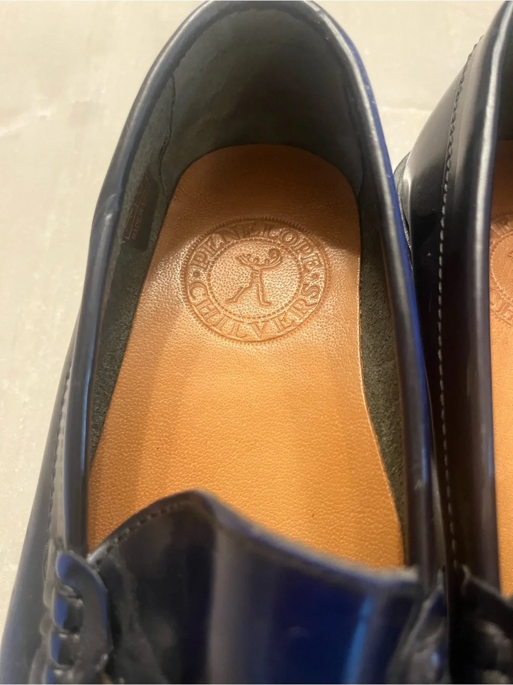 Penelope Chilvers Navy Patent Leather Chain-Trim Loafers